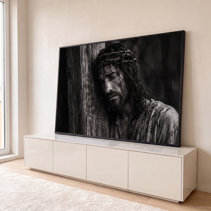 Quadro Decorativo Grande Jesus Sofrimento para Sala Preto | quadros decorativos para sala | Jesus Cristo com coroa de espinhos e sangue no rosto, encostado em madeira, preto e branco | em Quadros para Sala | Porao dos Quadros