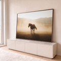 Cavalo solitário em contraluz na poeira dourada do campo com montanhas ao fundo, quadro decorativo