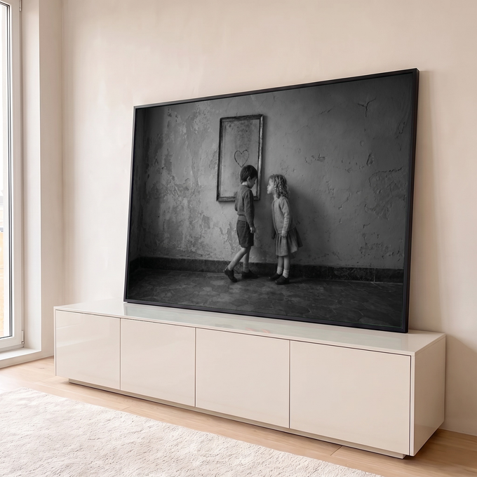 Quadro Decorativo Grande Crianças e Espelho para Sala Preto | quadros decorativos para sala | menino e menina se olham diante de espelho antigo com coração desenhado, em preto e branco | em Quadros para Sala | Porao dos Quadros