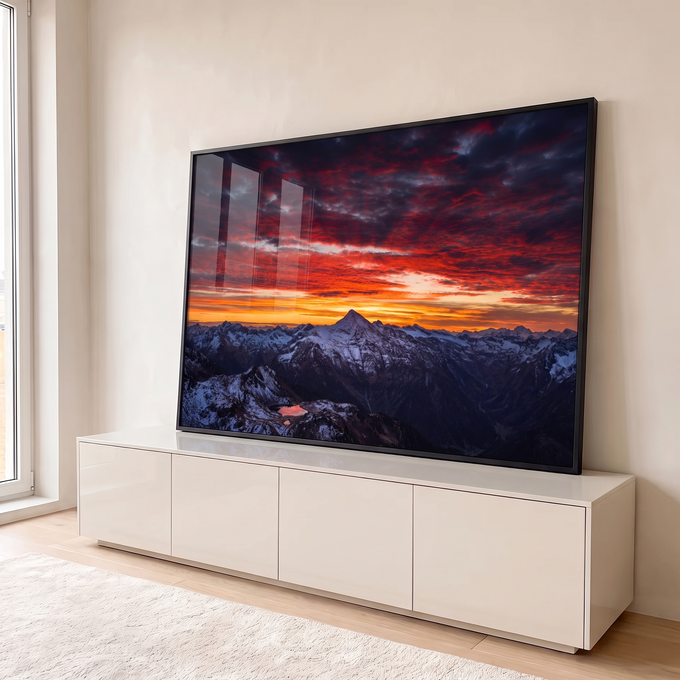 Quadro Decorativo Grande Montanhas Nevadas para Sala | quadros decorativos para sala | pico nevado sob céu vermelho intenso com lago refletindo a luz ao entardecer | em Quadros para Sala | Porao dos Quadros