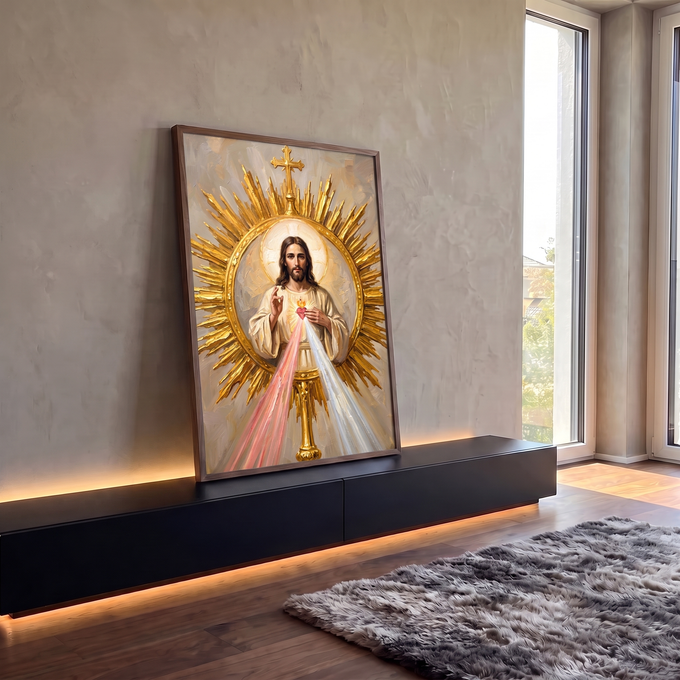 Quadro Decorativo Grande Sagrado Coração para Sala Dourado | quadros decorativos para sala | Jesus Cristo com coração sagrado em chamas e auréola dourada em raios | em Quadros para Sala | Porao dos Quadros