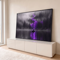Quadro Decorativo Grande Floresta Enevoada para Sala Roxo | quadros decorativos para sala | floresta enevoada com árvores roxas, lago refletindo e pessoa de guarda-chuva em barco | em Quadros para Sala | Porao dos Quadros