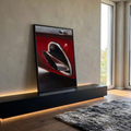 Close realista de escapamento cromado em carro vermelho, pintura a óleo, quadro decorativo