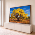 Quadro Decorativo Grande Árvore de Folhas para Sala Amarelo | quadros decorativos para sala | árvore de copa amarela e dourada com tronco retorcido sob céu azul | em Quadros para Sala | Porao dos Quadros