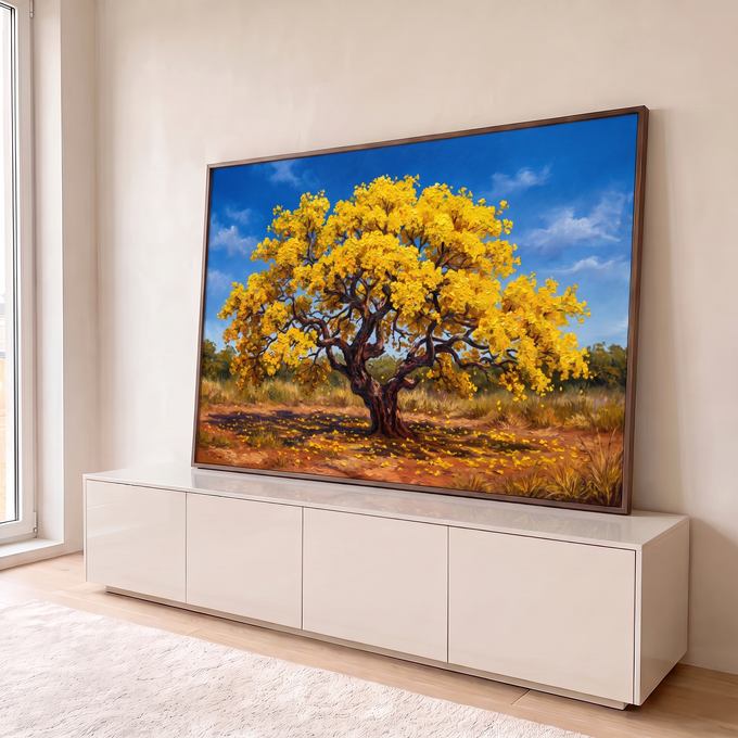 Quadro Decorativo Grande Árvore de Folhas para Sala Amarelo | quadros decorativos para sala | árvore de copa amarela e dourada com tronco retorcido sob céu azul | em Quadros para Sala | Porao dos Quadros