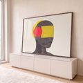 Quadro Decorativo Grande Rosto em Linhas para Sala Amarelo | quadros decorativos para sala | rosto de perfil em linhas finas marrom com formas geométricas amarelas e vermelhas | em Quadros para Sala | Porao dos Quadros