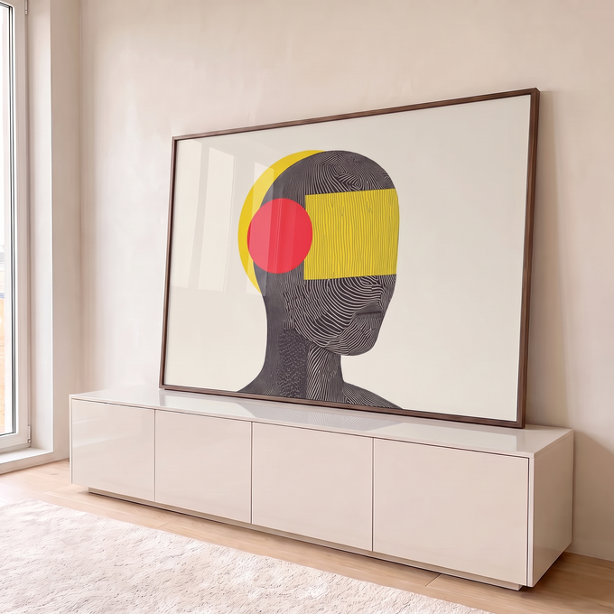 Quadro Decorativo Grande Rosto em Linhas para Sala Amarelo | quadros decorativos para sala | rosto de perfil em linhas finas marrom com formas geométricas amarelas e vermelhas | em Quadros para Sala | Porao dos Quadros