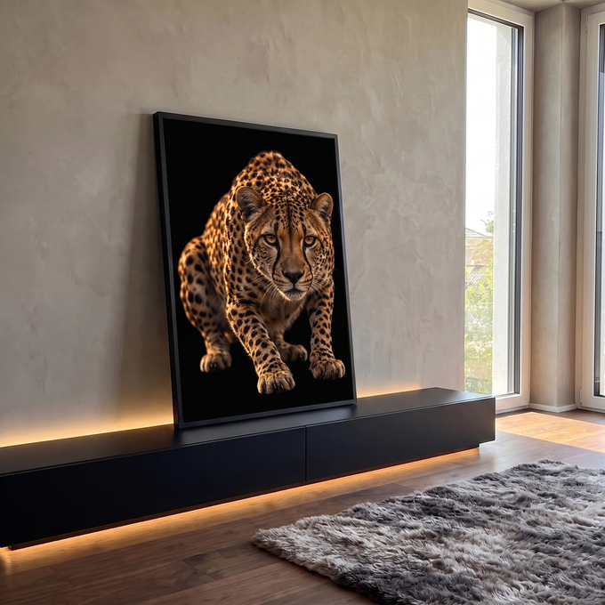 Quadro Decorativo Grande Leopardo Caminhando para Sala | quadros decorativos para sala | leopardo dourado com manchas pretas caminhando em direção à câmera sobre fundo preto | em Quadros para Sala | Porao dos Quadros