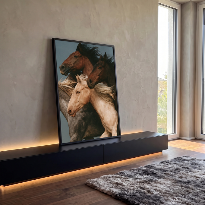 Quadro Decorativo Quatro Cavalos Selvagens ao Vento | quadros decorativos para sala | três cavalos em movimento com crinas ao vento em tons marrom e bege | em Quadros para Sala | Porao dos Quadros
