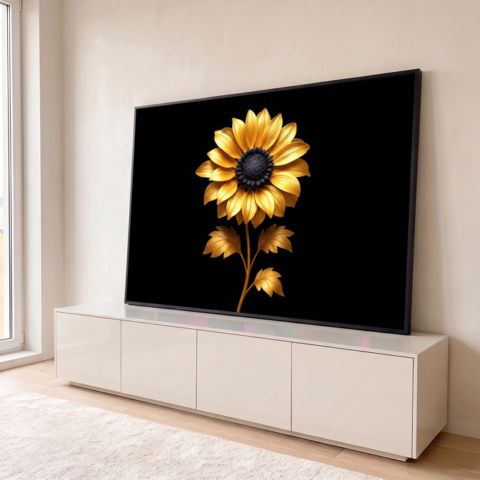 Girassol dourado com textura metálica, miolo preto e folhas douradas sobre fundo preto, quadro decorativo