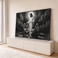 Jesus Cristo iluminado abençoando discípulos ajoelhados em oração, desenho a carvão, quadro decorativo