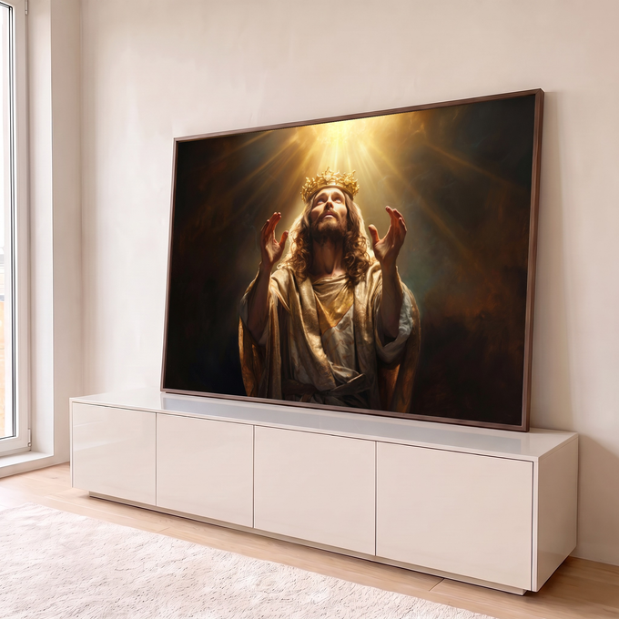 Quadro Decorativo Grande Jesus Rei Dourado para Sala | quadros decorativos para sala | homem com coroa dourada e mãos erguidas sob raios de luz divina | em Quadros para Sala | Porao dos Quadros
