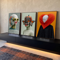 Quadro Decorativo Kit 3 Telas Retratos Surreais para Sala | quadros decorativos para sala | três retratos surreais com peixe-balão, borboletas laranja e fios em forma de coração | em Quadros para Sala | Porao dos Quadros