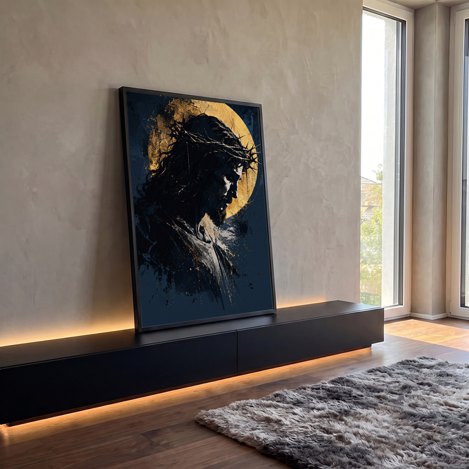 Quadro Decorativo Grande Jesus Espinhos para Sala Azul | quadros decorativos para sala | perfil de Jesus com coroa de espinhos e halo dourado sobre fundo azul escuro | em Quadros para Sala | Porao dos Quadros