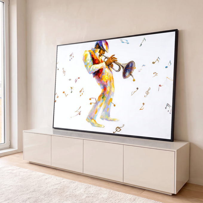 Músico tocando trompete em pinceladas coloridas com notas musicais sobre fundo branco, quadro decorativo