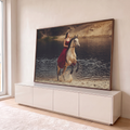 Quadro Decorativo Grande Mulher de Vestido para Sala | quadros decorativos para sala | mulher de vestido vermelho sobre cavalo bege empinando na água ao entardecer | em Quadros para Sala | Porao dos Quadros