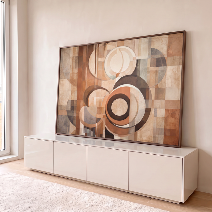 Quadro Decorativo Grande Círculos Geométricos para Sala | quadros decorativos para sala | círculos sobrepostos em tons terracota, bege e cinza sobre fundo de faixas retas | em Quadros para Sala | Porao dos Quadros