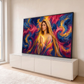 Quadro Decorativo Grande Nossa Senhora Véu Dourado para Sala | quadros decorativos para sala | mulher em oração com véu dourado, mãos iluminadas, fundo abstrato azul e rosa | em Quadros para Sala | Porao dos Quadros