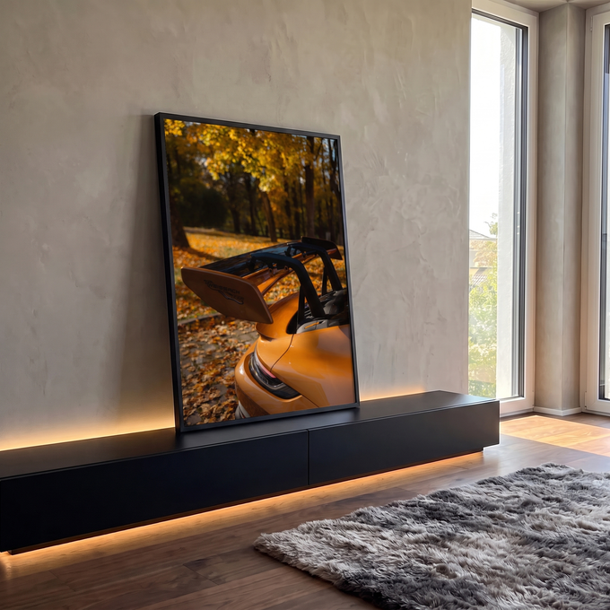 Quadro Decorativo Grande Aerofólio de Carro para Sala | quadros decorativos para sala | carro esportivo laranja com aerofólio preto em cenário de outono dourado | em Quadros para Sala | Porao dos Quadros