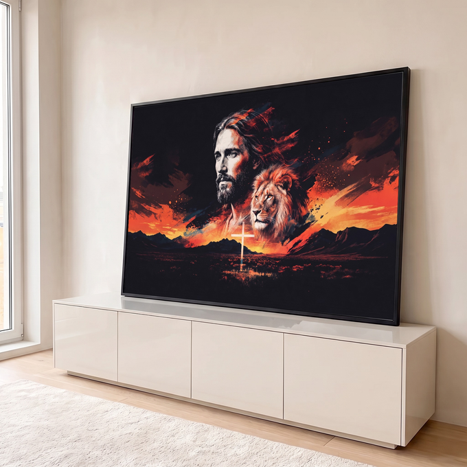 Rosto de Jesus ao lado de leão, cruz e montanhas sob céu laranja em fundo preto, quadro decorativo
