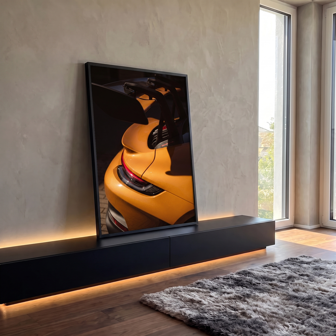 Quadro Decorativo Grande Detalhe de Carro para Sala Laranja | quadros decorativos para sala | detalhe traseiro de carro esportivo laranja com aerofólio preto e lanterna vermelha | em Quadros para Sala | Porao dos Quadros