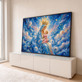 Nossa Senhora coroada com o Menino Jesus no colo, céu estrelado em redemoinhos azuis, quadro decorativo