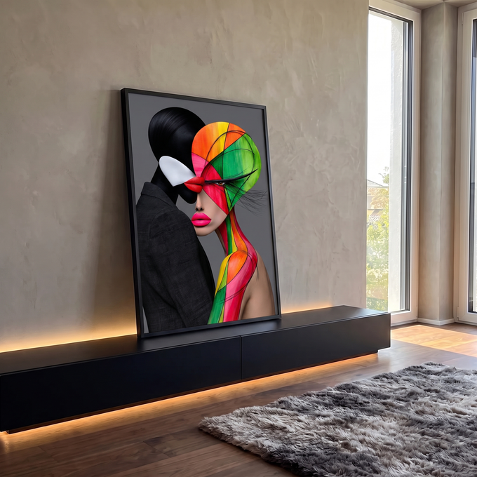 Mulher com rosto pintado em cores geométricas abraçada por figura preta em fundo cinza, quadro decorativo