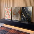 Quadro Decorativo Grande Tríptico Abstrato para Sala Preto | quadros decorativos para sala | tríptico abstrato com pinceladas coloridas, arcos terrosos e preto com veios dourados | em Quadros para Sala | Porao dos Quadros