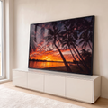 Quadro Decorativo Grande Pôr do Palmeiras para Sala | quadros decorativos para sala | pôr do sol laranja com silhuetas de palmeiras e rio refletindo as cores do céu | em Quadros para Sala | Porao dos Quadros