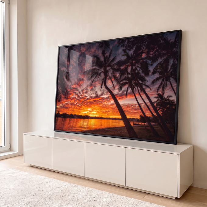 Quadro Decorativo Grande Pôr do Palmeiras para Sala | quadros decorativos para sala | pôr do sol laranja com silhuetas de palmeiras e rio refletindo as cores do céu | em Quadros para Sala | Porao dos Quadros