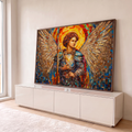 Quadro Decorativo Grande Anjo Guerreiro Dourado para Sala | quadros decorativos para sala | anjo alado em mosaico com armadura azul e halo dourado radiante | em Quadros para Sala | Porao dos Quadros