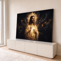 Quadro Decorativo Grande Jesus Manto para Sala Dourado | quadros decorativos para sala | Jesus Cristo em manto dourado com auréola luminosa e céu estrelado ao fundo | em Quadros para Sala | Porao dos Quadros