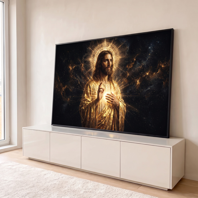Quadro Decorativo Grande Jesus Manto para Sala Dourado | quadros decorativos para sala | Jesus Cristo em manto dourado com auréola luminosa e céu estrelado ao fundo | em Quadros para Sala | Porao dos Quadros