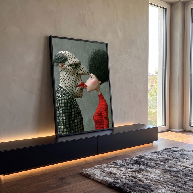 Casal estilizado em 3D se beijando, homem de pele com poás e mulher de suéter vermelho, quadro decorativo