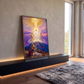 Quadro Decorativo Grande Transfiguração de Jesus para Sala | quadros decorativos para sala | Jesus transfigurado em luz dourada no monte com Moisés, Elias e pomba branca | em Quadros para Sala | Porao dos Quadros
