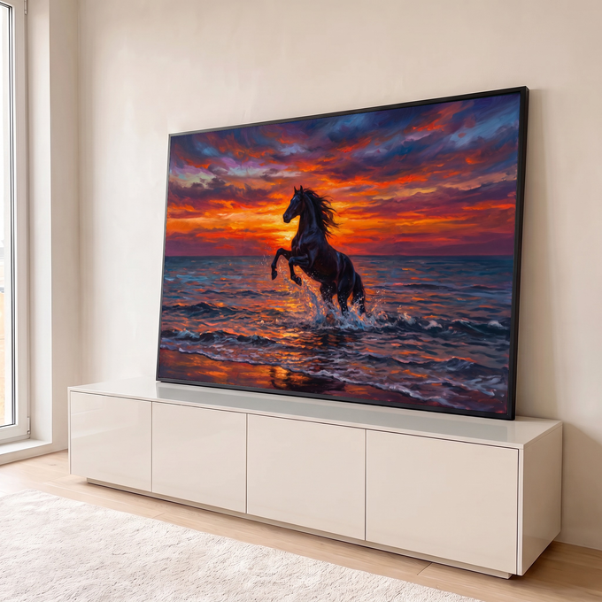 Cavalo negro empinado nas ondas do mar sob céu de pôr do sol laranja e roxo, quadro decorativo