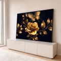 Quadro Decorativo Grande Flor e Borboleta Dourado para Sala | quadros decorativos para sala | flor e borboleta douradas com folhas metálicas sobre fundo preto | em Quadros para Sala | Porao dos Quadros