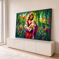 Quadro Decorativo Grande Jesus Cordeiro para Sala Vermelho | quadros decorativos para sala | Jesus de manto vermelho segurando cordeiro branco em fundo geométrico florido | em Quadros para Sala | Porao dos Quadros