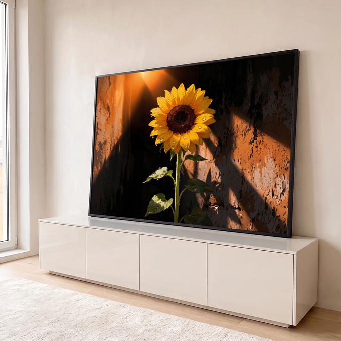 Girassol amarelo com gotas de orvalho iluminado por raio de sol em muro rústico laranja, quadro decorativo