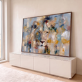 Quadro Decorativo Grande Leão Abstrato para Sala Cinza | quadros decorativos para sala | rosto de leão abstrato em pinceladas de cinza, bege e dourado | em Quadros para Sala | Porao dos Quadros