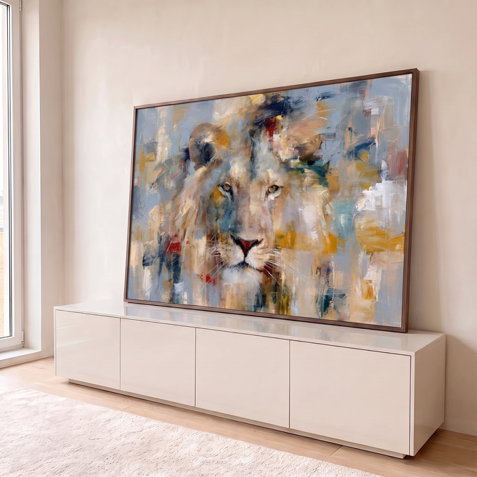 Quadro Decorativo Grande Leão Abstrato para Sala Cinza | quadros decorativos para sala | rosto de leão abstrato em pinceladas de cinza, bege e dourado | em Quadros para Sala | Porao dos Quadros