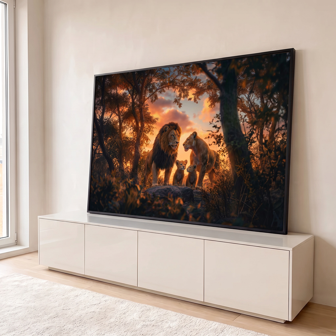 Quadro Decorativo Grande Família Leoa para Sala Laranja | quadros decorativos para sala | família de leões sobre rocha em floresta ao pôr do sol laranja | em Quadros para Sala | Porao dos Quadros