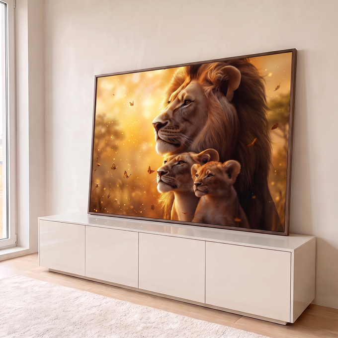 Quadro Decorativo Grande Família Leões Dourada para Sala | quadros decorativos para sala | leão, leoa e filhote em perfil com borboletas e luz dourada ao fundo | em Quadros para Sala | Porao dos Quadros