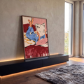 Quadro Decorativo Grande Pessoa Lendo para Quarto Vermelho | quadros decorativos para sala | ilustração de pessoa deitada lendo revista na cama com pijama azul | em Quadros para Quarto | Porao dos Quadros