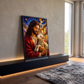 Quadro Decorativo Grande Jesus Pastor para Sala Vermelho | quadros decorativos para sala | Jesus de manto vermelho segurando um cordeiro branco, estilo mosaico com céu estrelado | em Quadros para Sala | Porao dos Quadros