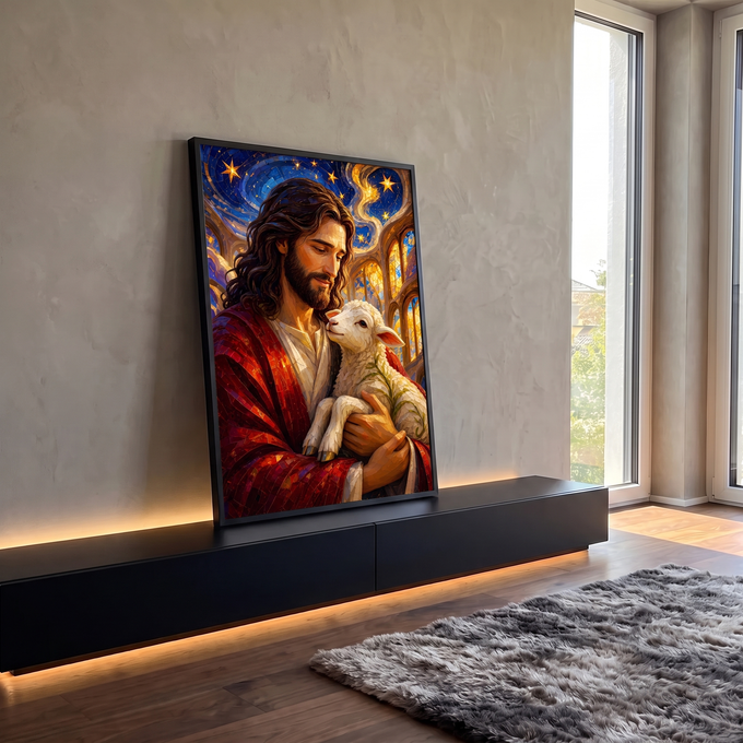 Quadro Decorativo Grande Jesus Pastor para Sala Vermelho | quadros decorativos para sala | Jesus de manto vermelho segurando um cordeiro branco, estilo mosaico com céu estrelado | em Quadros para Sala | Porao dos Quadros