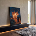 Quadro Decorativo Sarça Ardente sob Céu Estrelado Estilo | quadros decorativos para sala | homem de manto caminha até arbusto em chamas sob céu estrelado em espiral | em Quadros para Sala | Porao dos Quadros