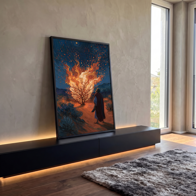 Quadro Decorativo Sarça Ardente sob Céu Estrelado Estilo | quadros decorativos para sala | homem de manto caminha até arbusto em chamas sob céu estrelado em espiral | em Quadros para Sala | Porao dos Quadros