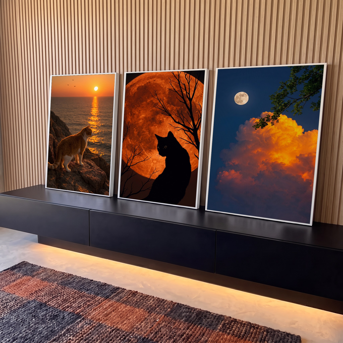Quadro Decorativo Kit 3 Telas Gatos e Luas para Sala Laranja | quadros decorativos para sala | trio de gatos sob luas em tons de laranja, preto e azul | em Quadros para Sala | Porao dos Quadros