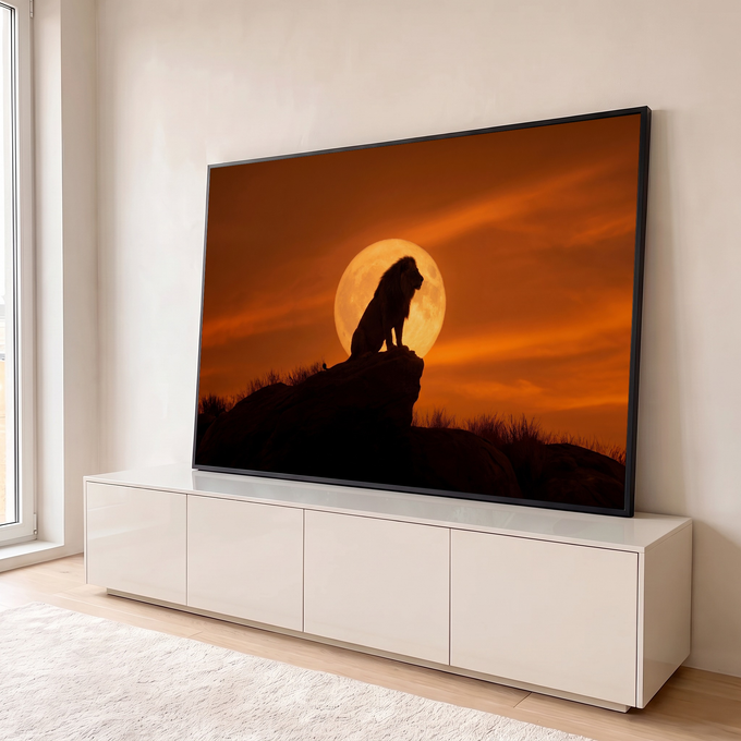 Quadro Decorativo Grande Leão em Silhueta Laranja para Sala | quadros decorativos para sala | leão em silhueta sentado sobre rocha com lua cheia e céu laranja ao fundo | em Quadros para Sala | Porao dos Quadros
